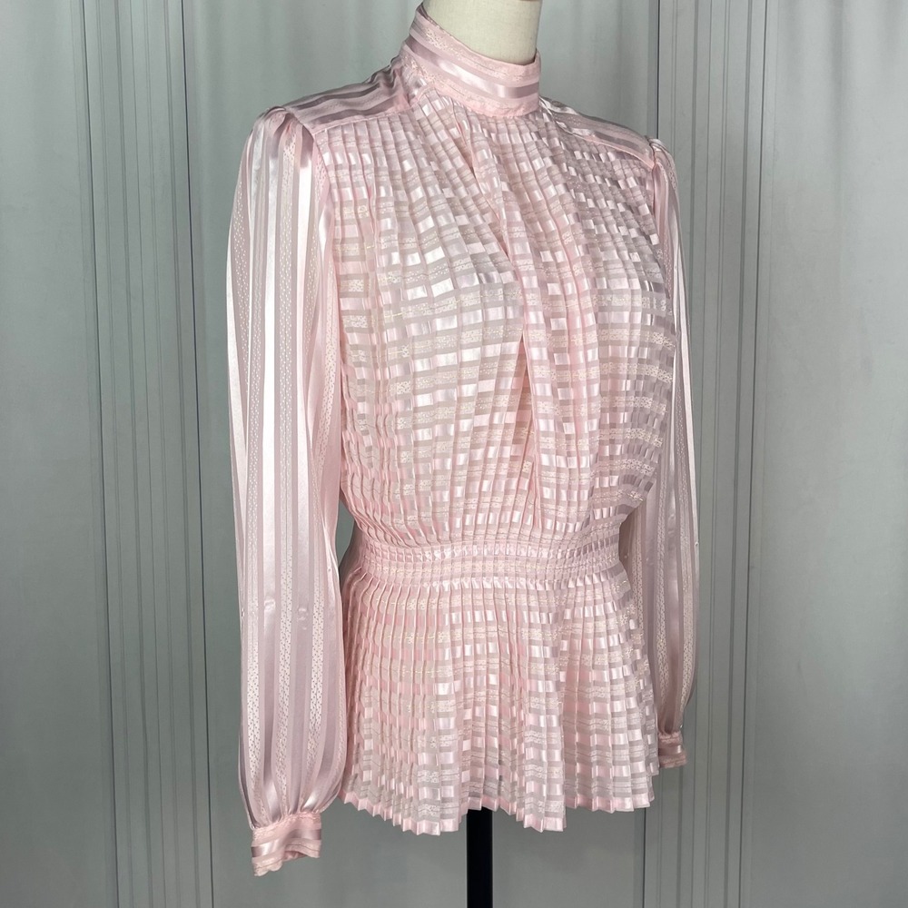 Vintage Nicola - Pink Striped Mock Neck Peplum Top Back Button Blouse - Size 4 - Picture 2 of 16